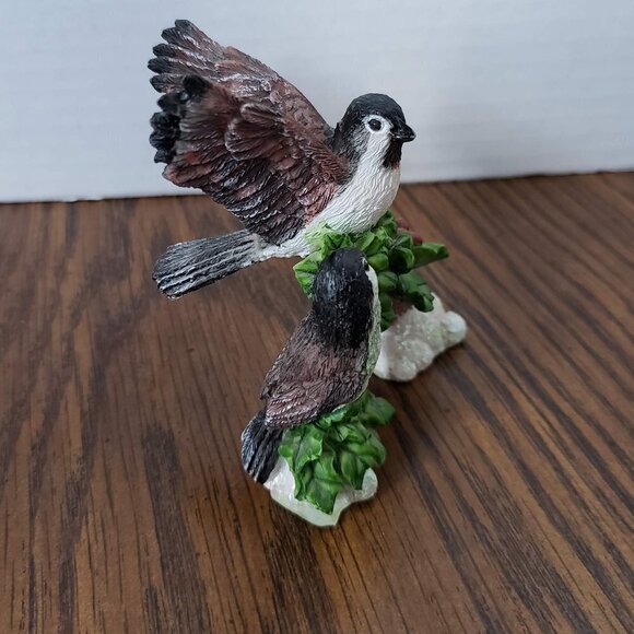 Two Small Ceramic Chickadees on Holly Log with Snow - Picture 5 of 5